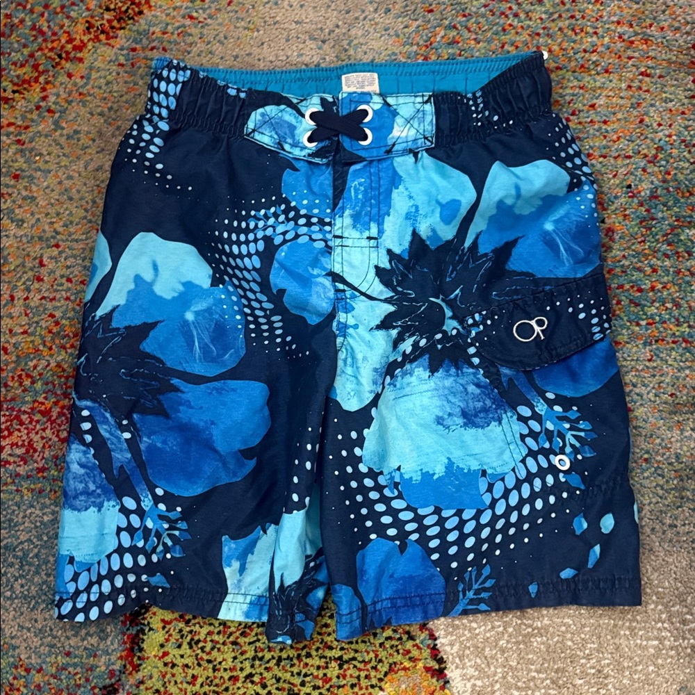 Boys Swim Trunks / size 6/7 Blue Floral Swim Shorts / OP / Boys small